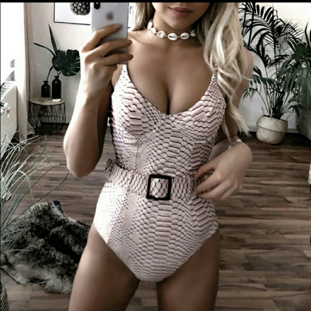 Snake Skin One Piece with Belt Swimsuit